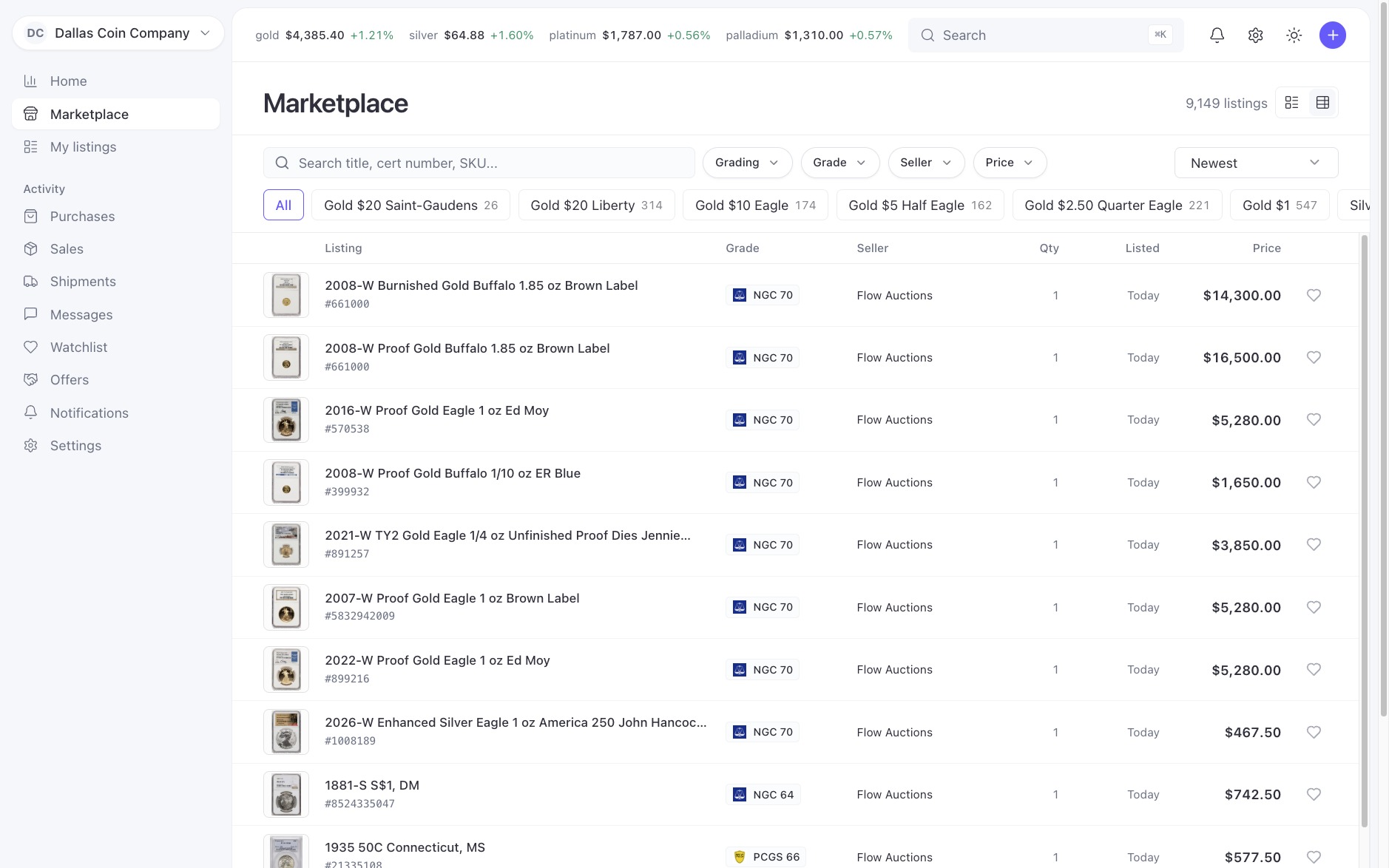 Flow Dealers marketplace listing thousands of graded coins with wholesale pricing